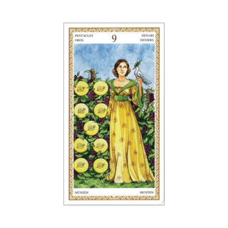 Tarot card featuring a woman in a yellow dress holding a dove with a scenic background