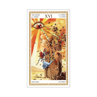 Tarot card titled 'The Tower' with a dramatic scene of a building collapse and people falling.