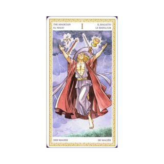 Tarot card featuring a figure with outstretched arms and a red robe on a white background