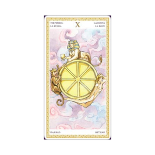 Tarot card featuring a wheel design with pastel colors on a white background