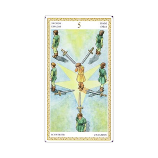 Tarot card with five figures and swords arranged in a star-like pattern on a white background