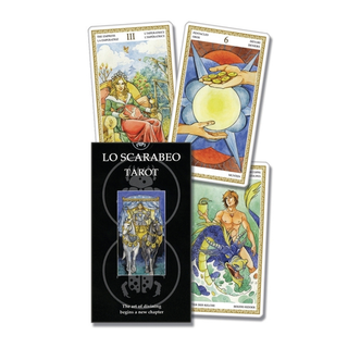 Lo Scarabeo Tarot cards with a black card featuring the brand name on a white background