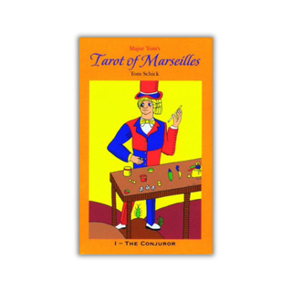 Card from the Tarot of Marseilles with a colorful illustration of a magician on a yellow background.