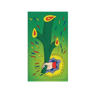 Colorful artwork with a hand holding a green leaf on a white background