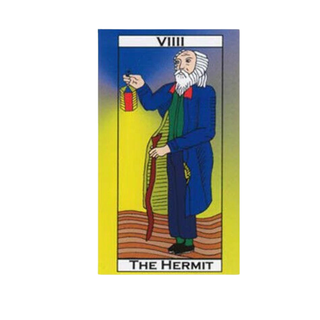 Tarot card 'The Hermit' with a figure holding a lantern and staff on a yellow background