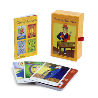 Tarot of Marseilles cards with colorful illustrations and a yellow box on a white background