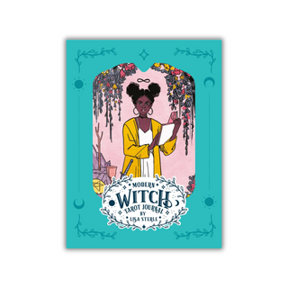 Book cover of 'Modern Witch Tarot Journal' with a stylized illustration of a woman in a yellow robe on a teal background.