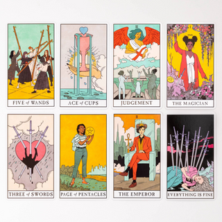 Set of tarot cards with colorful illustrations and text