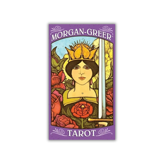 Morgan Greer Tarot card packaging with a stylized illustration of a woman in a crown surrounded by roses.