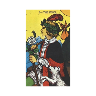 Tarot card featuring 'The Fool' with a person holding a rose and a wolf, on a yellow background.