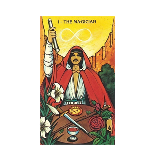 Tarot card featuring 'The Magician' with a person in a red robe holding a staff against a yellow background.