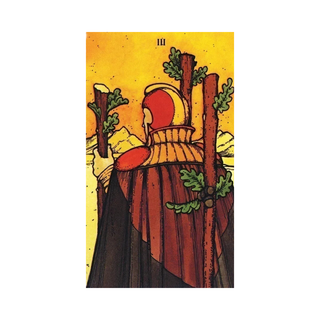 Tarot card with a figure in armor and helmet, standing between two trees on a yellow background.