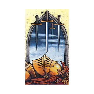 Tarot card with three crossed swords and a helmet on a yellow background