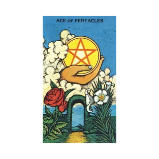 Ace of Pentacles tarot card with hand holding pentacle symbol and flowers on a blue background