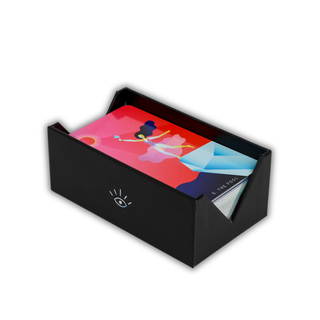 Black card holder with colorful cards on a white background