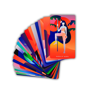 Colorful tarot cards with a central card featuring a woman and the text 'Queen of Wands'.