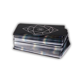 Stack of black cards with a geometric design on a white background