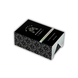 Black and white box with geometric pattern and brand name on a white background