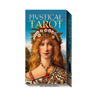 Mystical Tarot card box with a woman's face on the cover against a scenic background