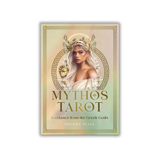 Book cover of 'Mythos Tarot' with a woman in classical attire on a beige background