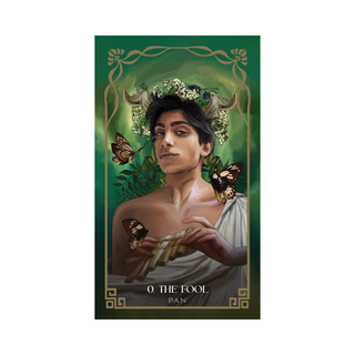 Card featuring a character with horns and butterflies, labeled 'O The Fool Pan' on a green background.