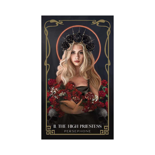 Card featuring a woman with flowers, titled 'The High Priestess' with 'Persephone' text.