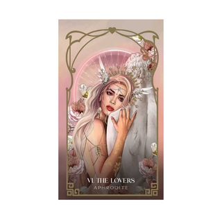 Card featuring a stylized illustration of a woman with decorative elements and text 'VI. The Lovers Aphrodite' on a light pink background.