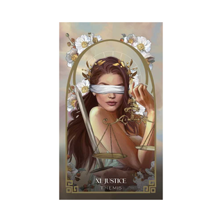 Tarot card featuring a figure of Justice with blindfold and scales, surrounded by flowers.