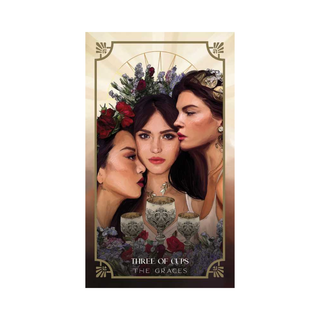 Three women with floral crowns and cups, labeled 'Three of Cups: The Graces' on a beige background.