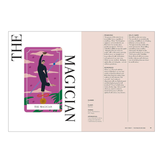 Tarot card illustration of 'The Magician' with descriptive text on a white background