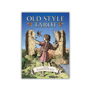 Book cover of 'Old Style Tarot' featuring a person with a sword and shield in front of ruins.
