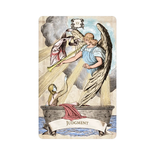 Tarot card titled 'Judgment' featuring an angel with a trumpet and a banner.