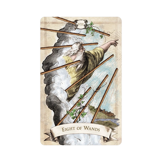 Tarot card titled 'Eight of Wands' with a person holding wands against a scenic background.