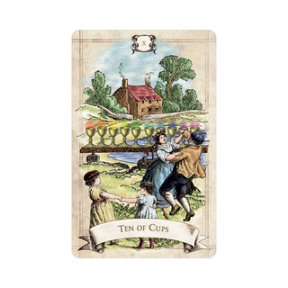 Card featuring a scene with people and cups, labeled 'Ten of Cups'.