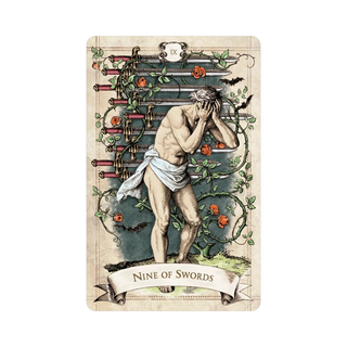 Tarot card titled 'Nine of Swords' with a nude figure and sword design on a beige background.