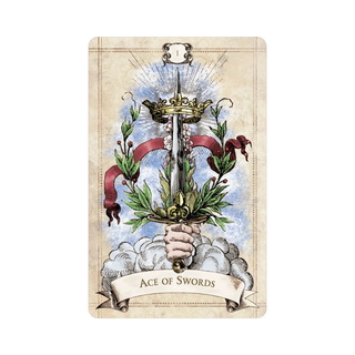 Ace of Swords tarot card with a sword, hand, and decorative elements on a beige background