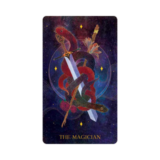 Tarot card featuring 'The Magician' with a colorful design on a dark background