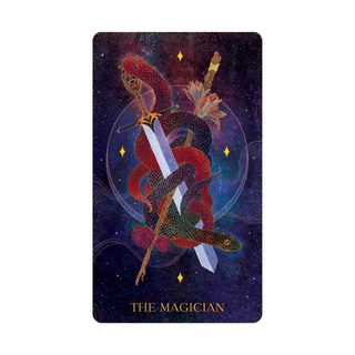 Tarot card titled 'The Magician' with a colorful illustration of a figure holding a sword against a starry night sky.
