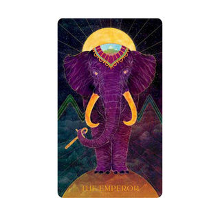 Card featuring a purple elephant with a yellow crown and 'The Emperor' text on a cosmic background