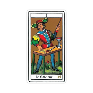Tarot card featuring a figure labeled 'Le Bateleur' on a white background