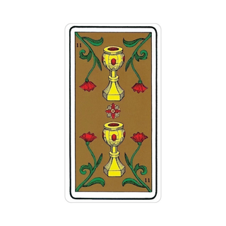 Card with two yellow cups and red flowers on a brown background