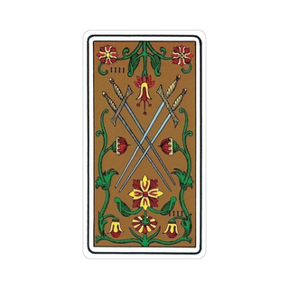 Decorative card with crossed swords and floral designs on a brown background