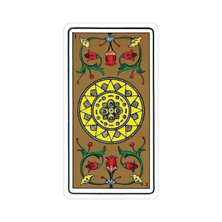 Decorative card with central yellow circle and floral designs on a brown background