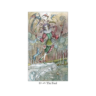 Card featuring 'The Fool' from a tarot deck with colorful illustration on a white background.