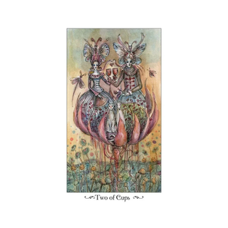 Two of Cups tarot card with two figures holding hands and a cat, on a pastel background.