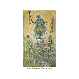 Tarot card titled 'Three of Wands' with a central figure holding wands and animals below on a textured background.