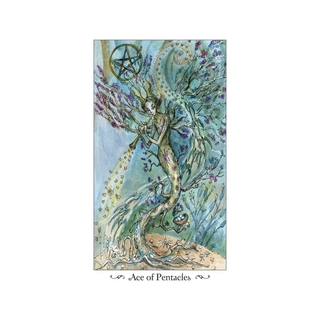 Tarot card featuring a tree with a person and pentacle symbol, labeled 'Ace of Pentacles'.