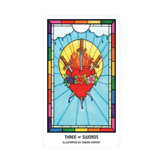 Stylized card with a heart and swords design, framed in rainbow colors, on a white background.