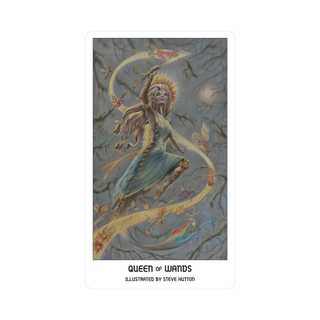Card featuring 'Queen of Wands' illustration by Steve Hutton on a white background