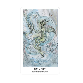 Illustration of a fairy sitting on a cloud with 'Ace of Cups' text and artist name.